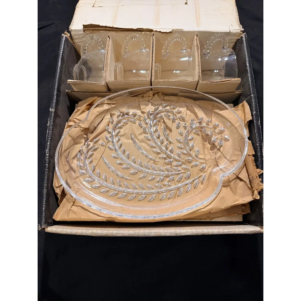 Vintage Federal Glass Homestead Snack Set 8pc Wheat Pattern Clear Plates Cups